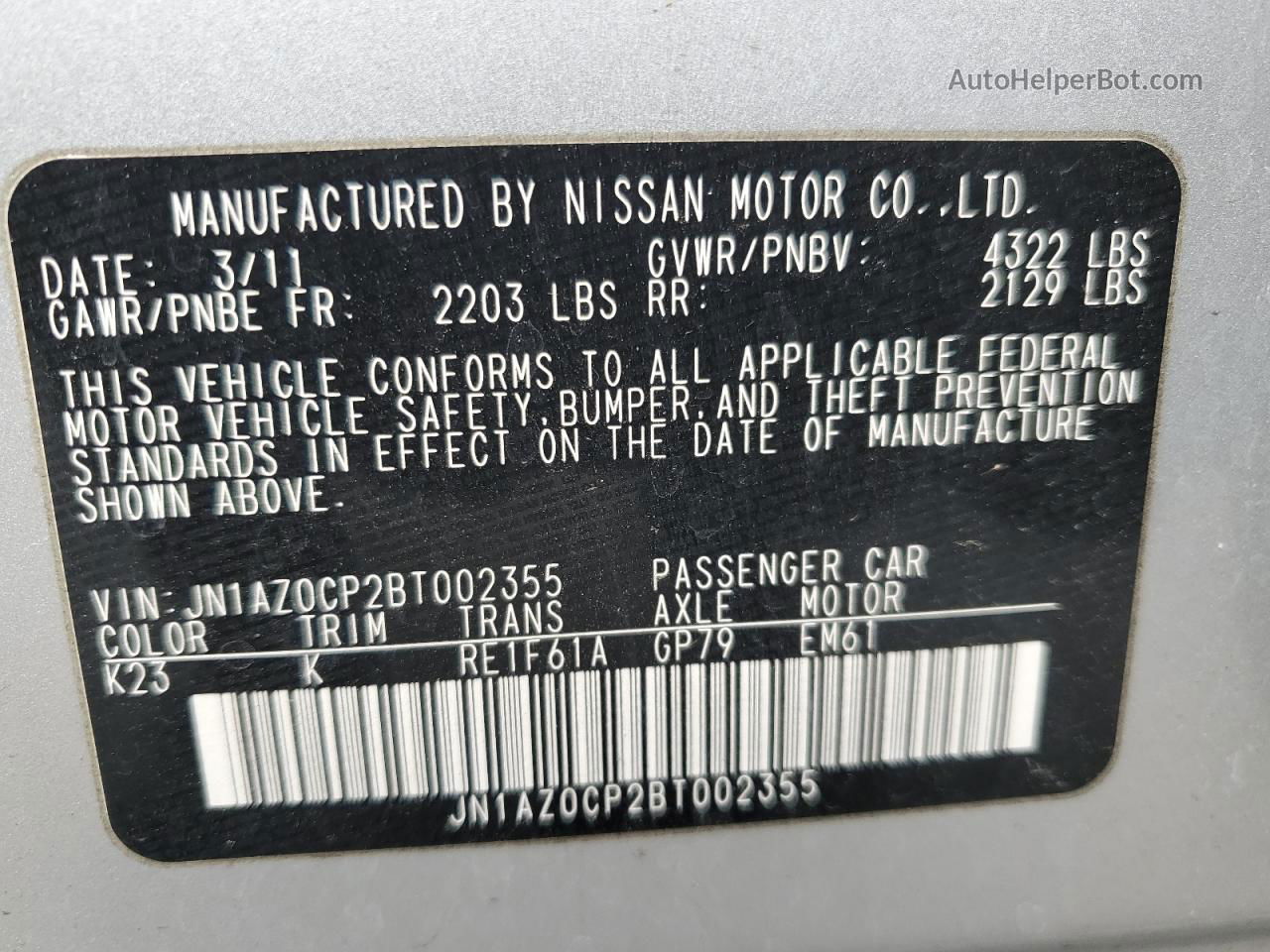 2011 Nissan Leaf Sv Silver vin: JN1AZ0CP2BT002355