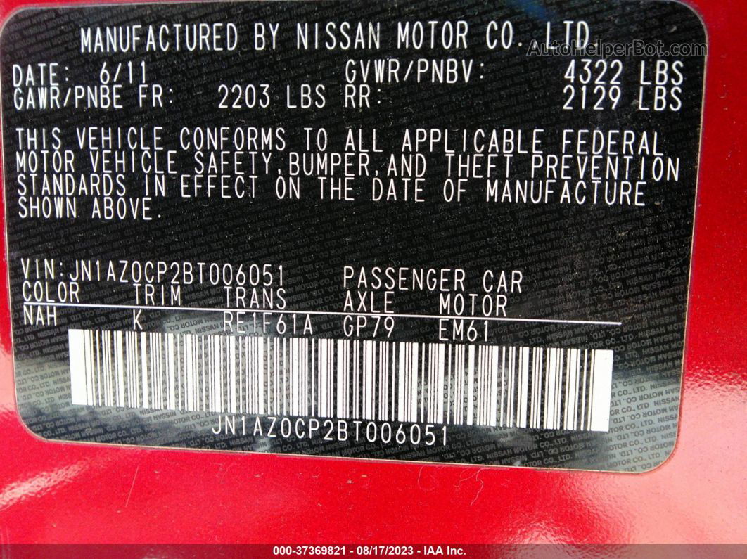 2011 Nissan Leaf Sl Red vin: JN1AZ0CP2BT006051