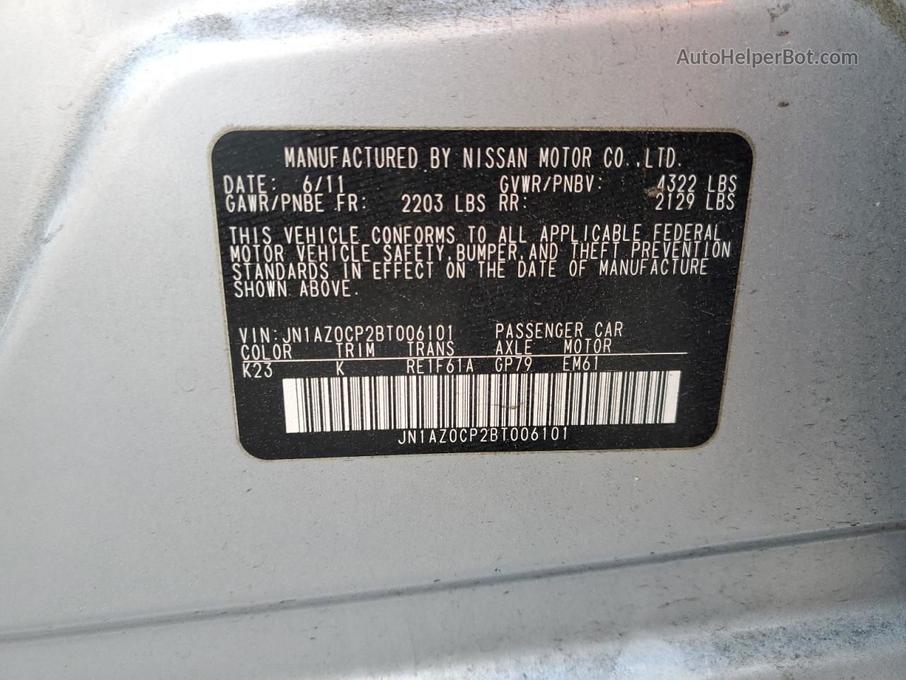 2011 Nissan Leaf Sv Silver vin: JN1AZ0CP2BT006101