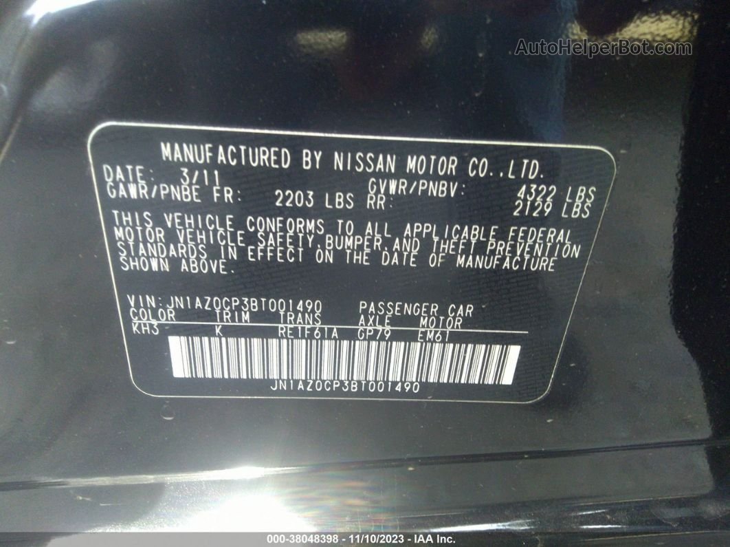 2011 Nissan Leaf Sl Black vin: JN1AZ0CP3BT001490