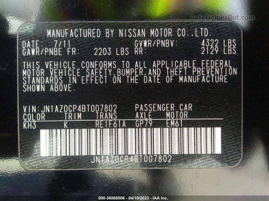 2011 Nissan Leaf Sl Black vin: JN1AZ0CP4BT007802