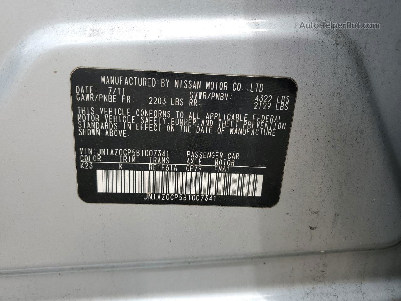 2011 Nissan Leaf Sv Silver vin: JN1AZ0CP5BT007341