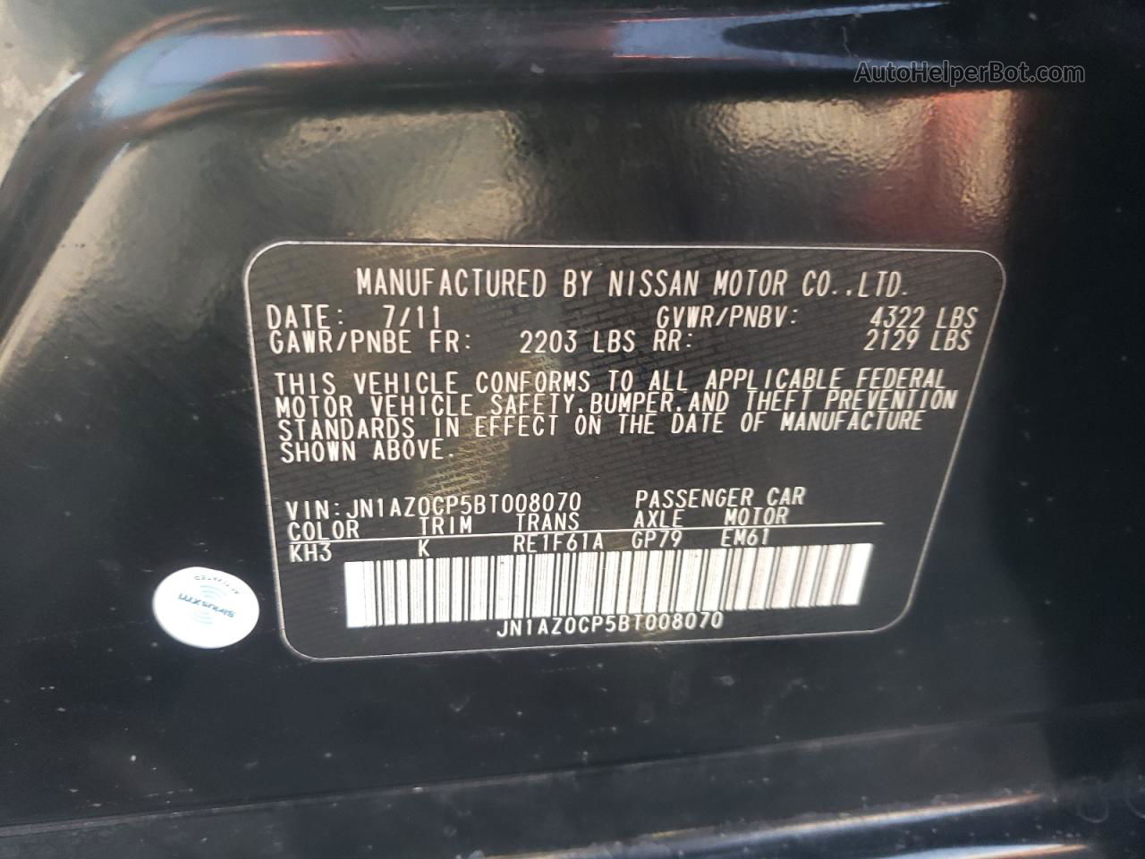 2011 Nissan Leaf Sv Black vin: JN1AZ0CP5BT008070