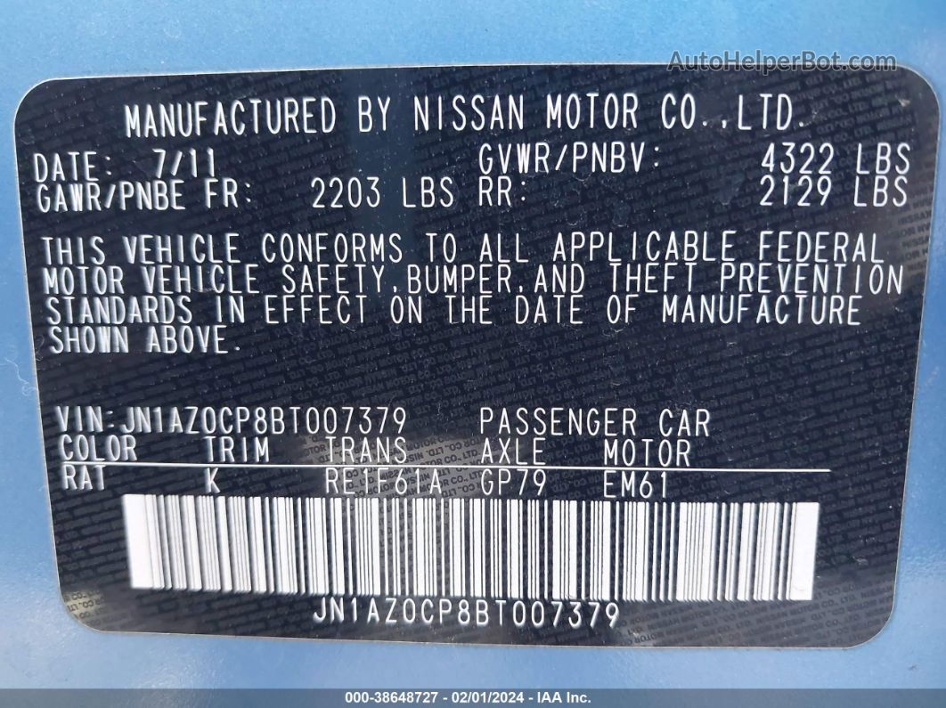 2011 Nissan Leaf Sl Blue vin: JN1AZ0CP8BT007379