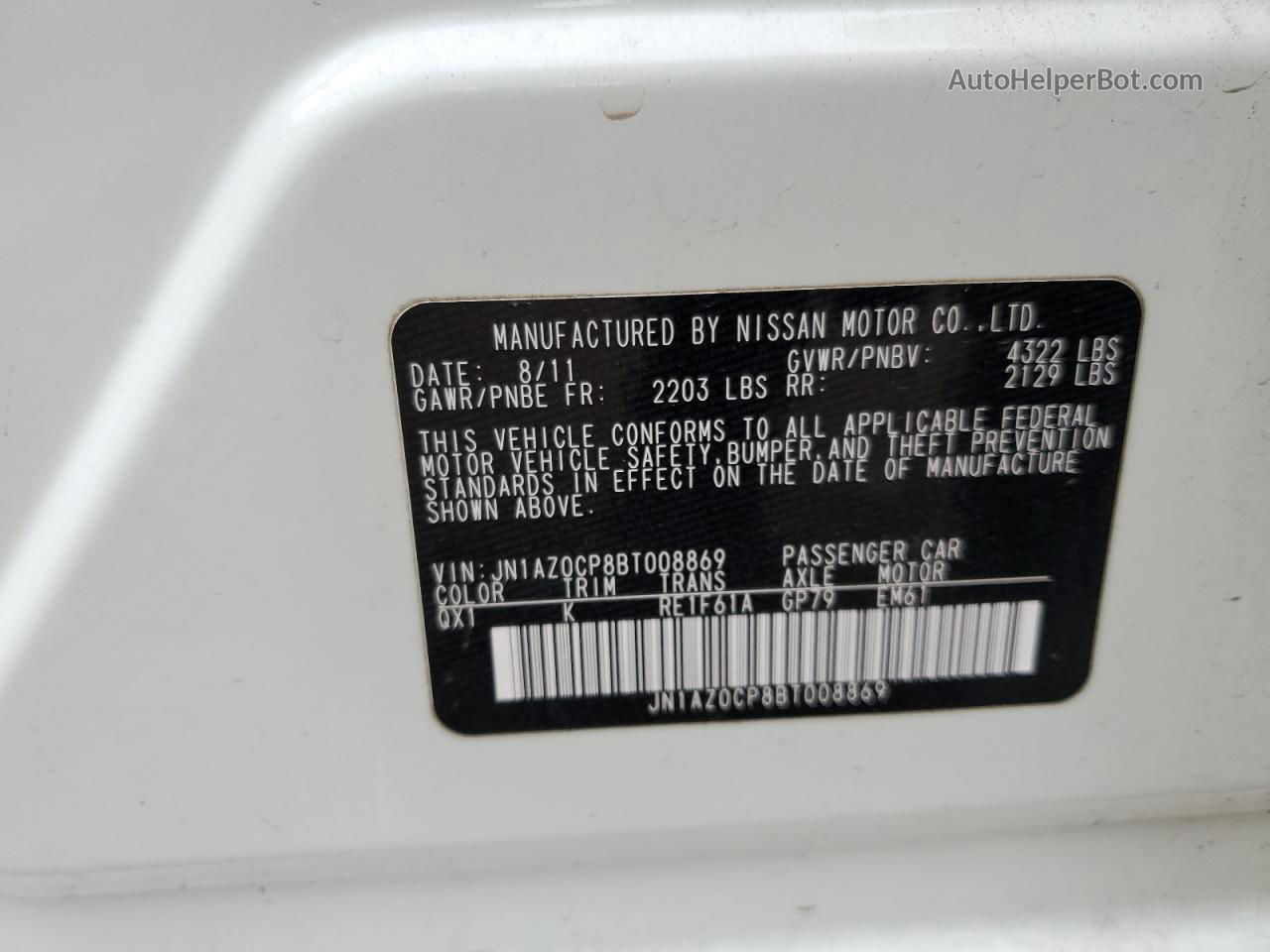 2011 Nissan Leaf Sv White vin: JN1AZ0CP8BT008869