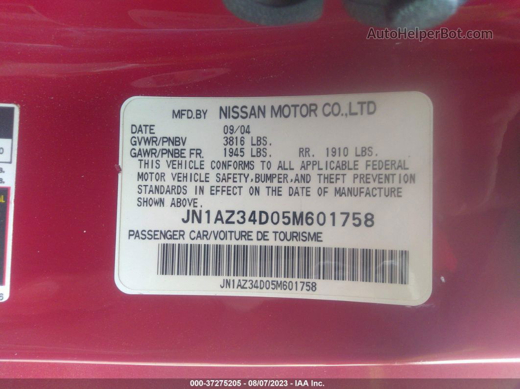 2005 Nissan 350z   Red vin: JN1AZ34D05M601758
