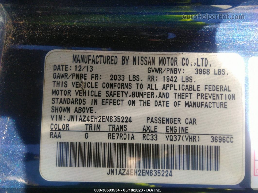 2014 Nissan 370z   Синий vin: JN1AZ4EH2EM635224