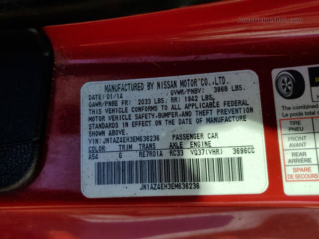 2014 Nissan 370z Base Red vin: JN1AZ4EH3EM636236