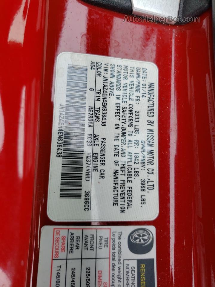 2014 Nissan 370z Base Red vin: JN1AZ4EH4EM636438