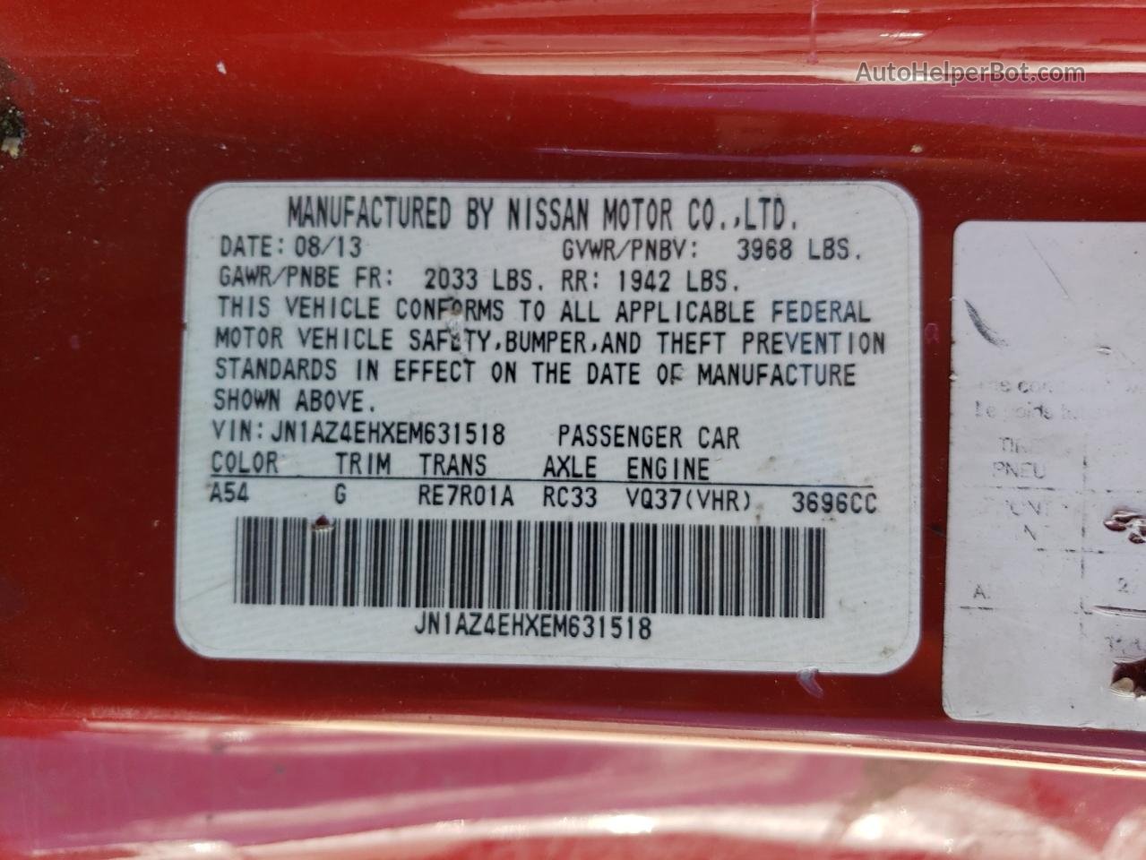 2014 Nissan 370z Base Red vin: JN1AZ4EHXEM631518