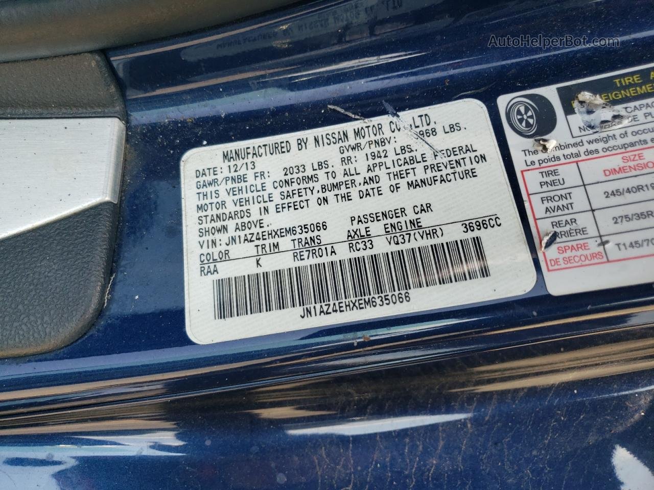 2014 Nissan 370z Base Синий vin: JN1AZ4EHXEM635066