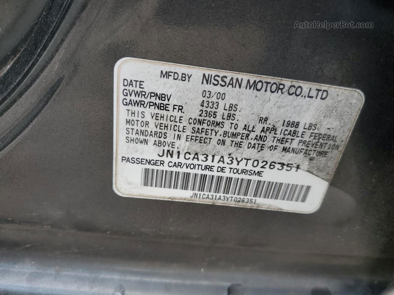 2000 Nissan Maxima Gle Charcoal vin: JN1CA31A3YT026351