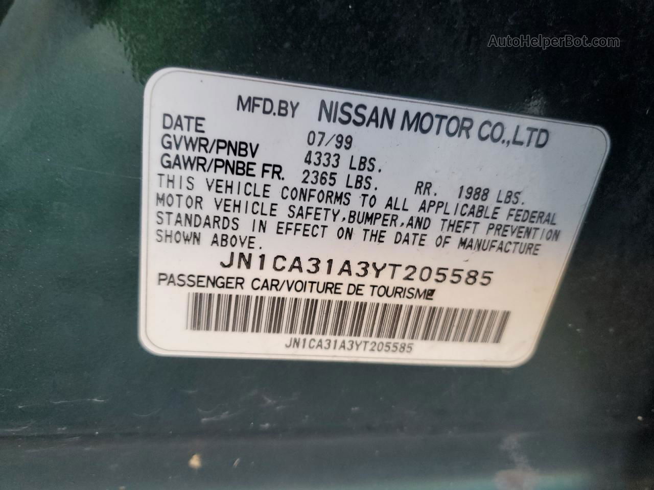 2000 Nissan Maxima Gle Green vin: JN1CA31A3YT205585