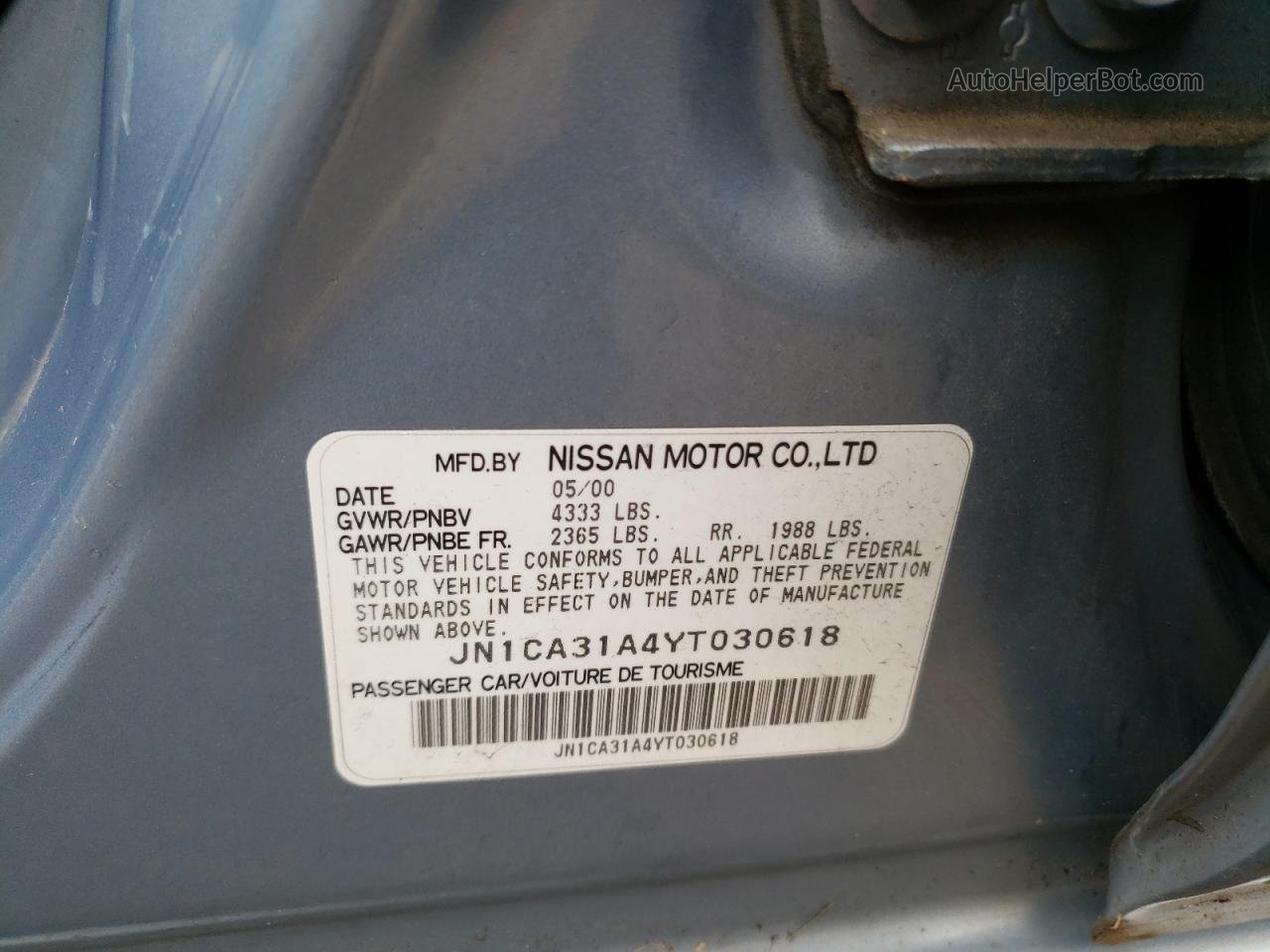 2000 Nissan Maxima Gle Blue vin: JN1CA31A4YT030618