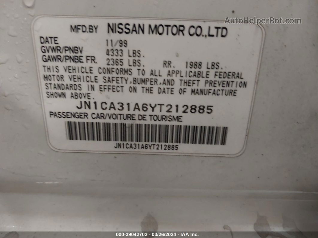 2000 Nissan Maxima Gle/gxe/se White vin: JN1CA31A6YT212885