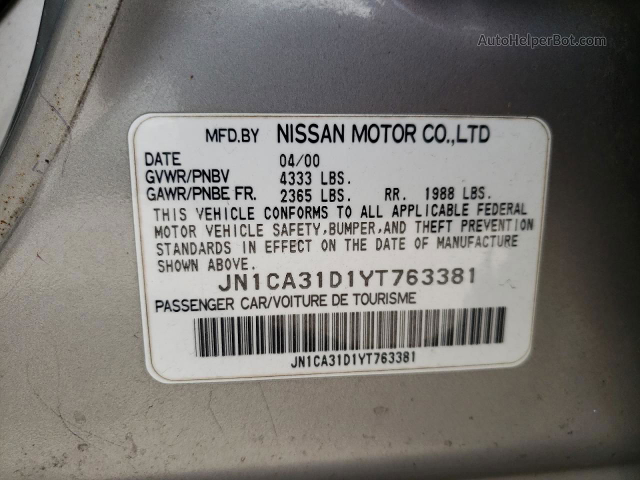 2000 Nissan Maxima Gle Silver vin: JN1CA31D1YT763381