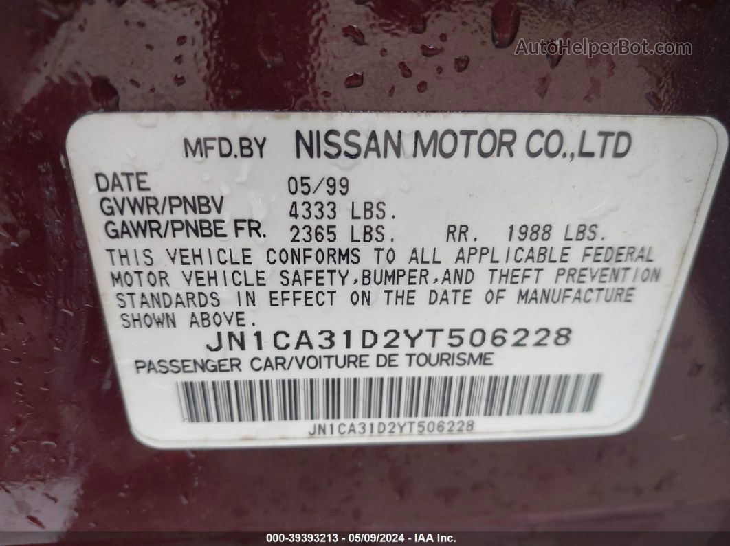 2000 Nissan Maxima Gle/gxe/se Burgundy vin: JN1CA31D2YT506228