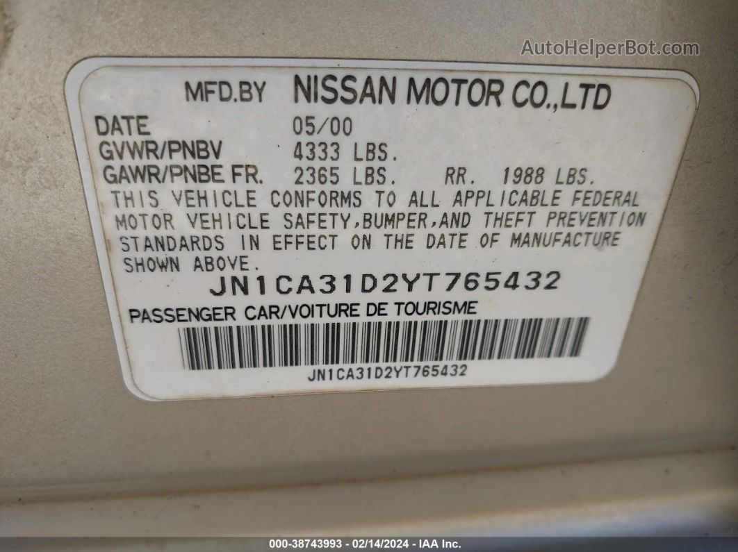 2000 Nissan Maxima Gle/gxe/se Gold vin: JN1CA31D2YT765432