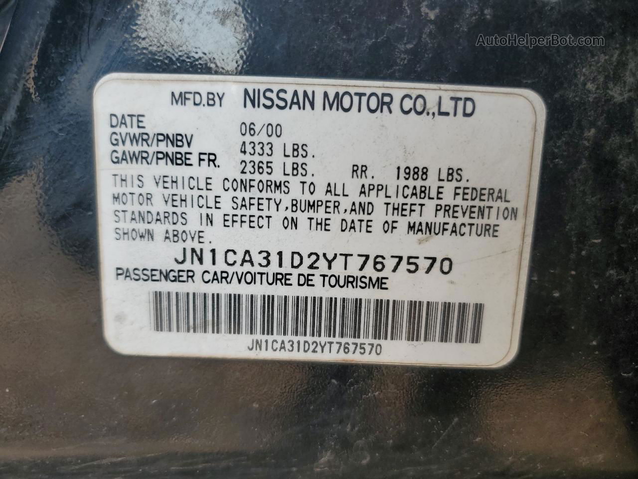 2000 Nissan Maxima Gle Black vin: JN1CA31D2YT767570