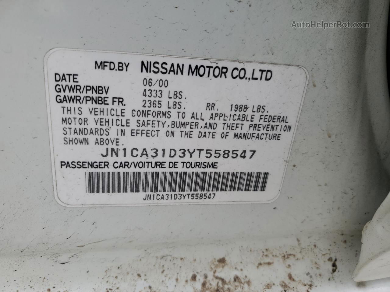 2000 Nissan Maxima Gle White vin: JN1CA31D3YT558547