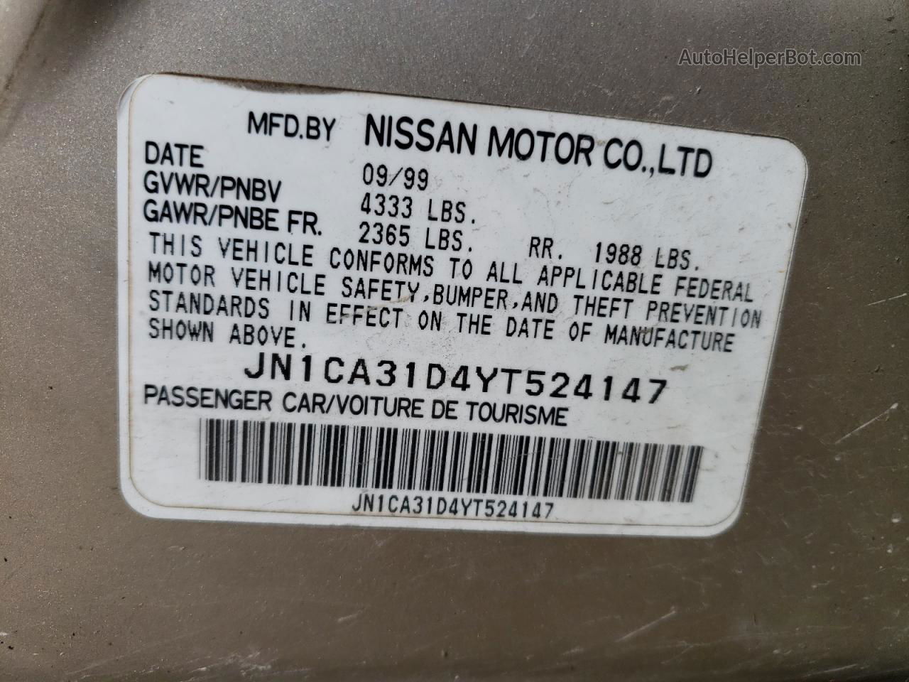 2000 Nissan Maxima Gle Tan vin: JN1CA31D4YT524147