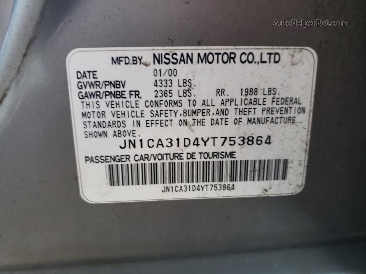 2000 Nissan Maxima Gle Серебряный vin: JN1CA31D4YT753864