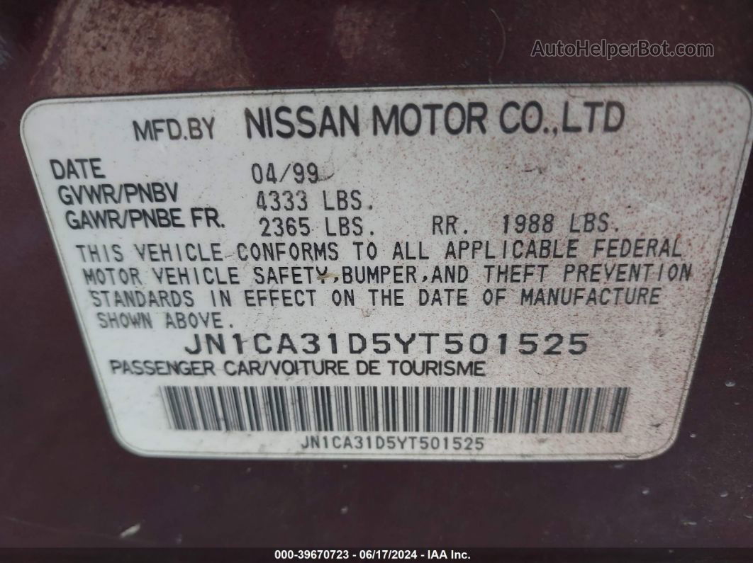 2000 Nissan Maxima Gle/gxe/se Maroon vin: JN1CA31D5YT501525