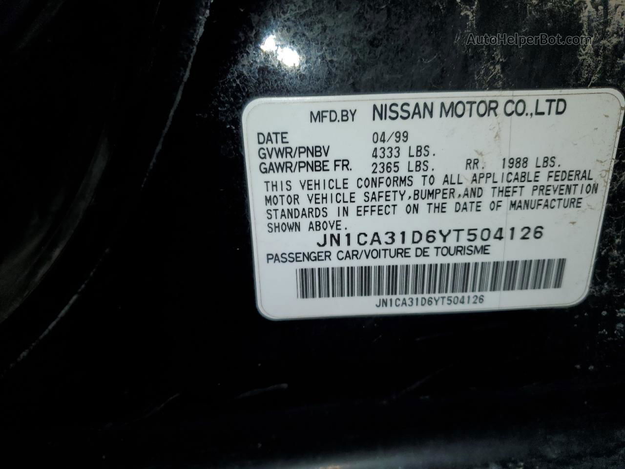 2000 Nissan Maxima Gle Black vin: JN1CA31D6YT504126