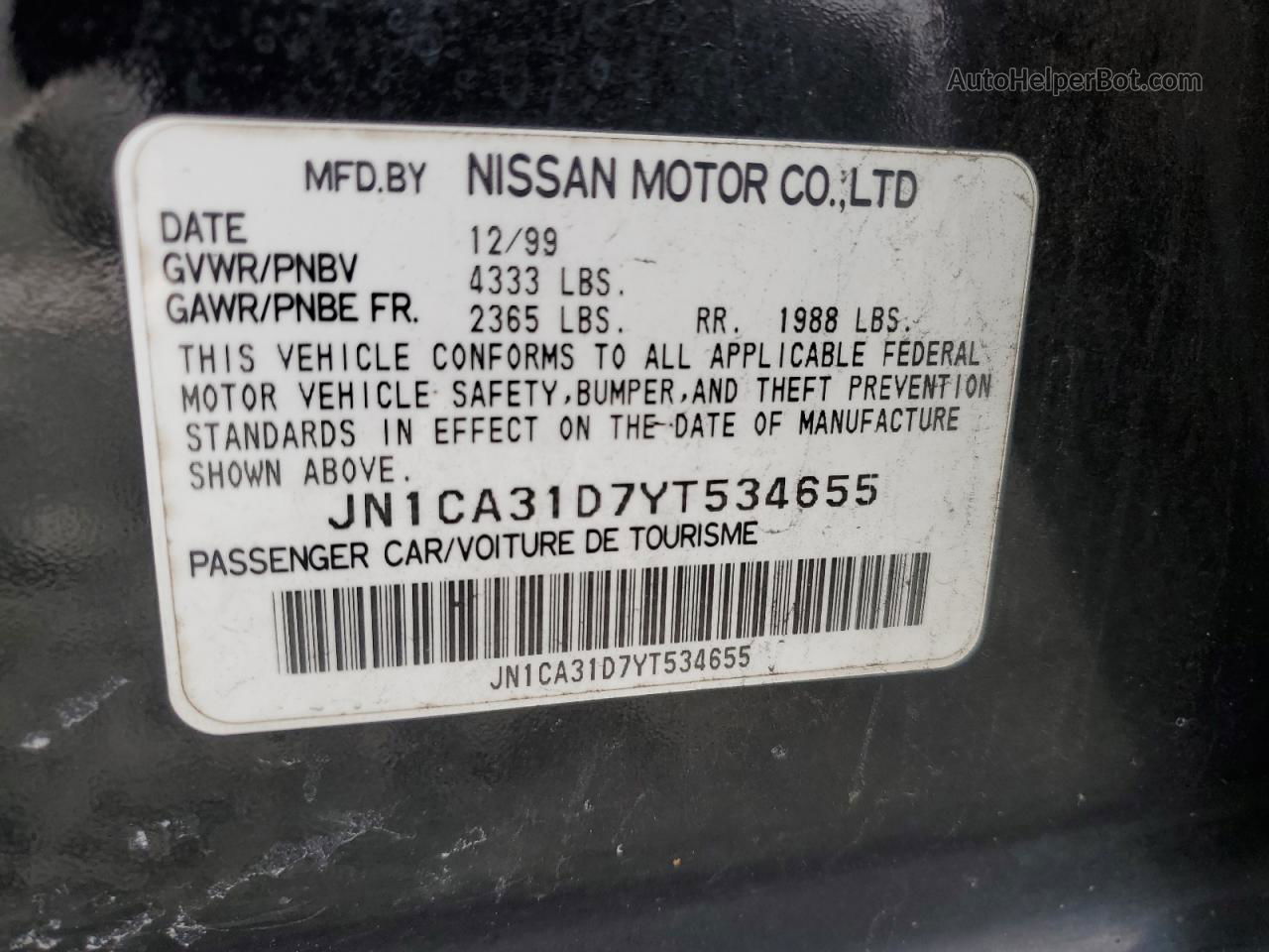 2000 Nissan Maxima Gle Black vin: JN1CA31D7YT534655