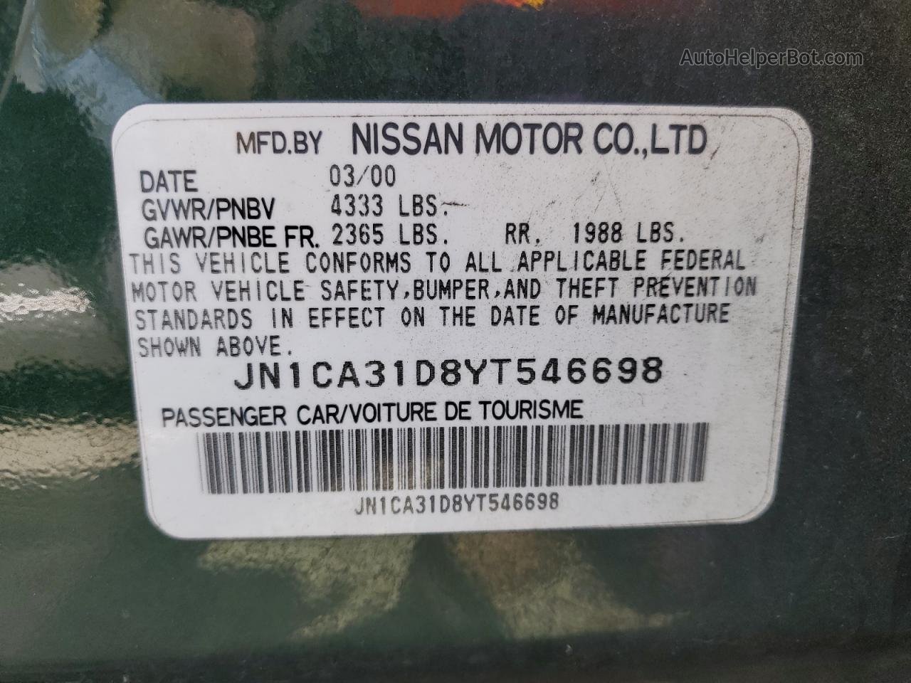 2000 Nissan Maxima Gle Green vin: JN1CA31D8YT546698