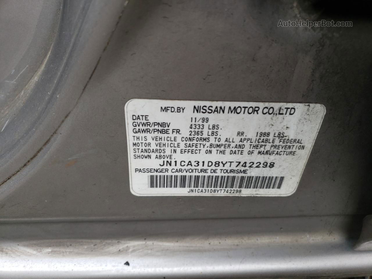 2000 Nissan Maxima Gle Silver vin: JN1CA31D8YT742298