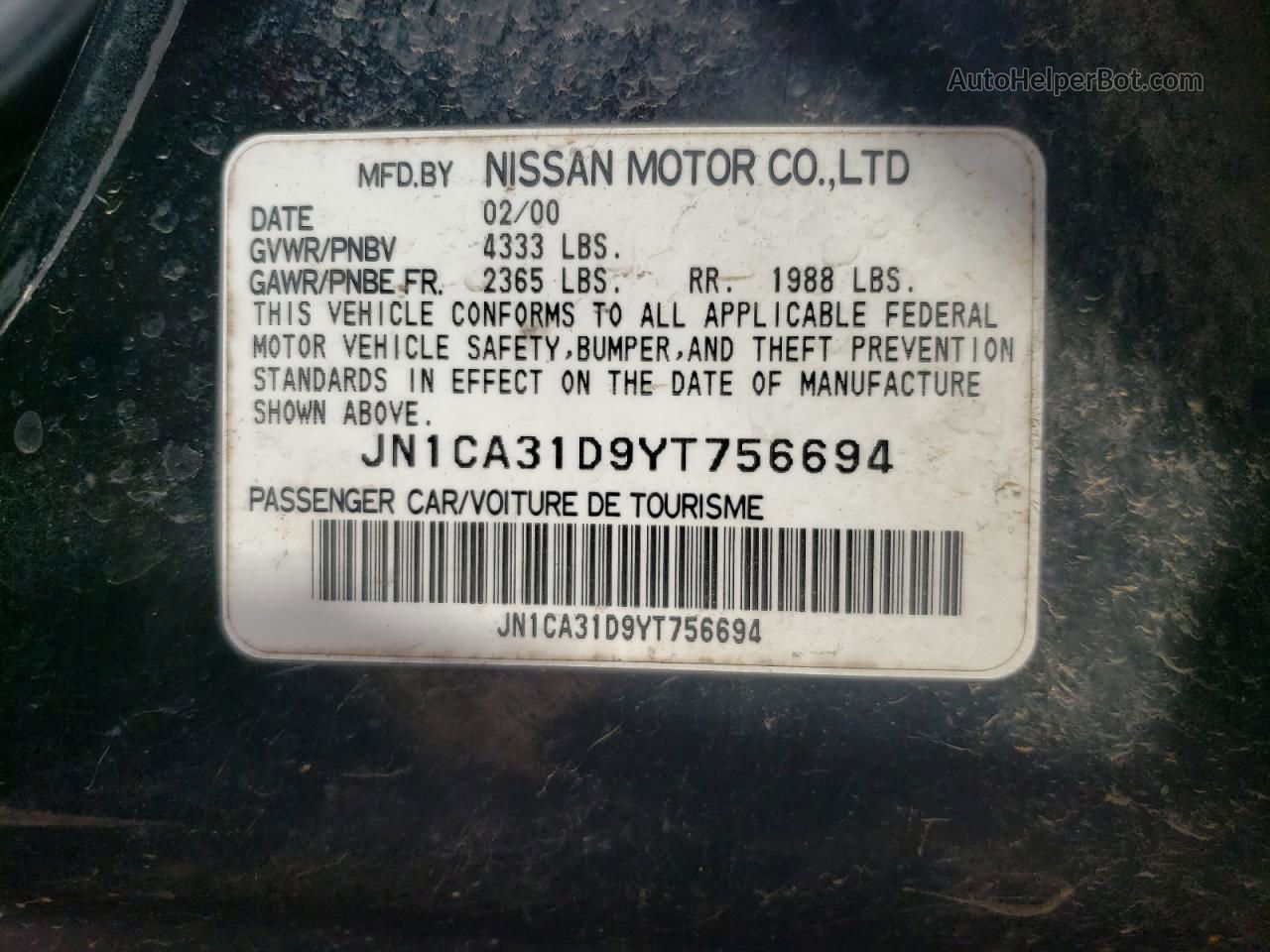 2000 Nissan Maxima Gle Black vin: JN1CA31D9YT756694