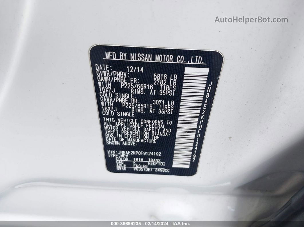 2015 Nissan Quest Sv White vin: JN8AE2KP0F9124192