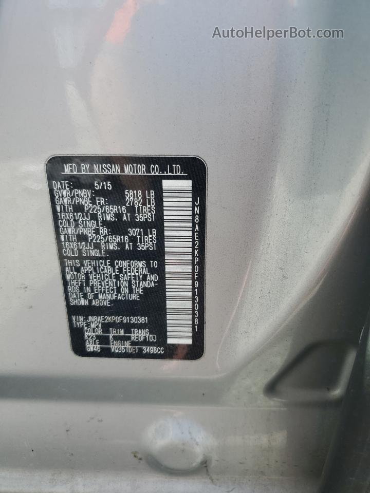 2015 Nissan Quest S Silver vin: JN8AE2KP0F9130381