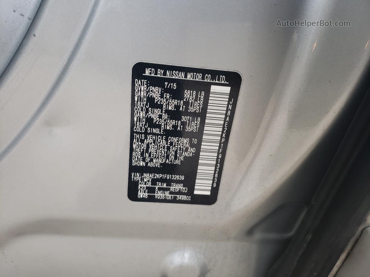 2015 Nissan Quest S Silver vin: JN8AE2KP1F9132639