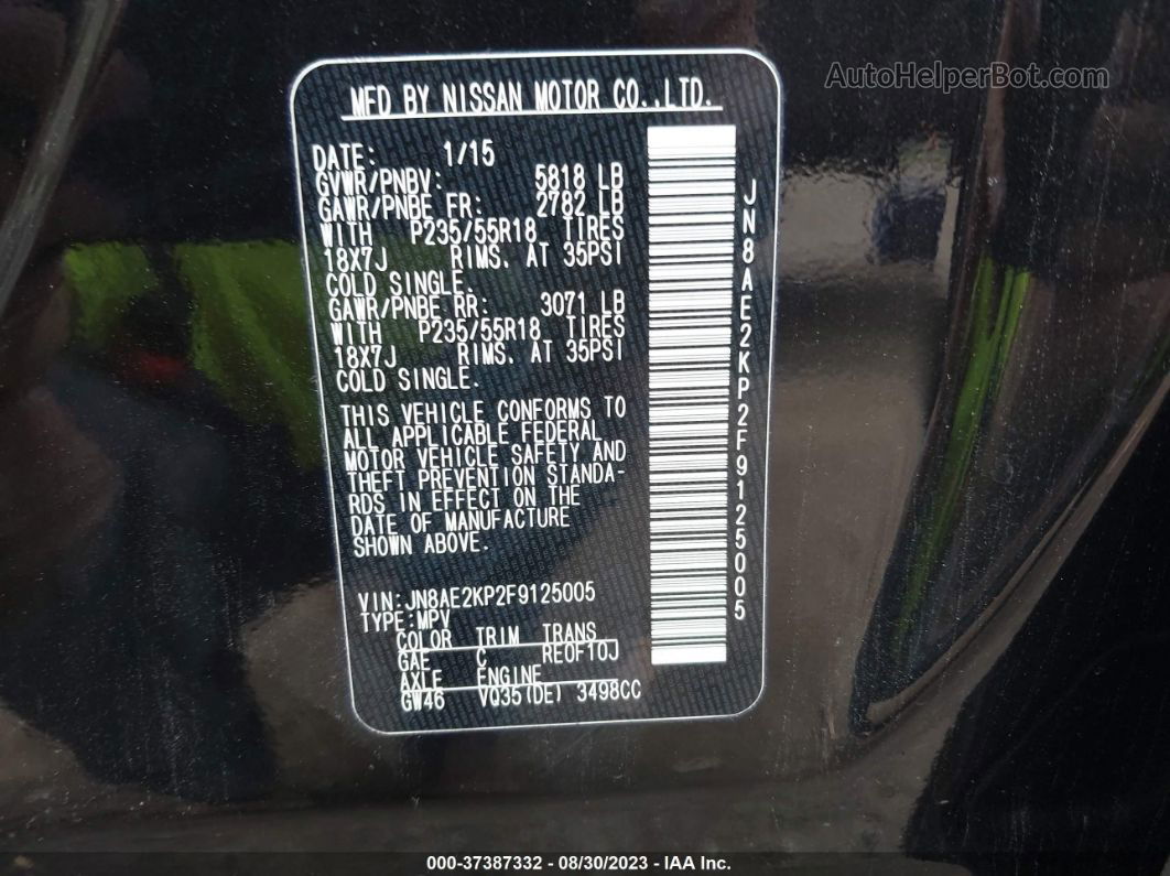 2015 Nissan Quest Sl Black vin: JN8AE2KP2F9125005
