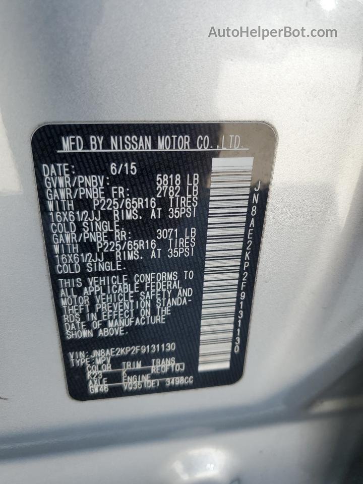 2015 Nissan Quest S Silver vin: JN8AE2KP2F9131130