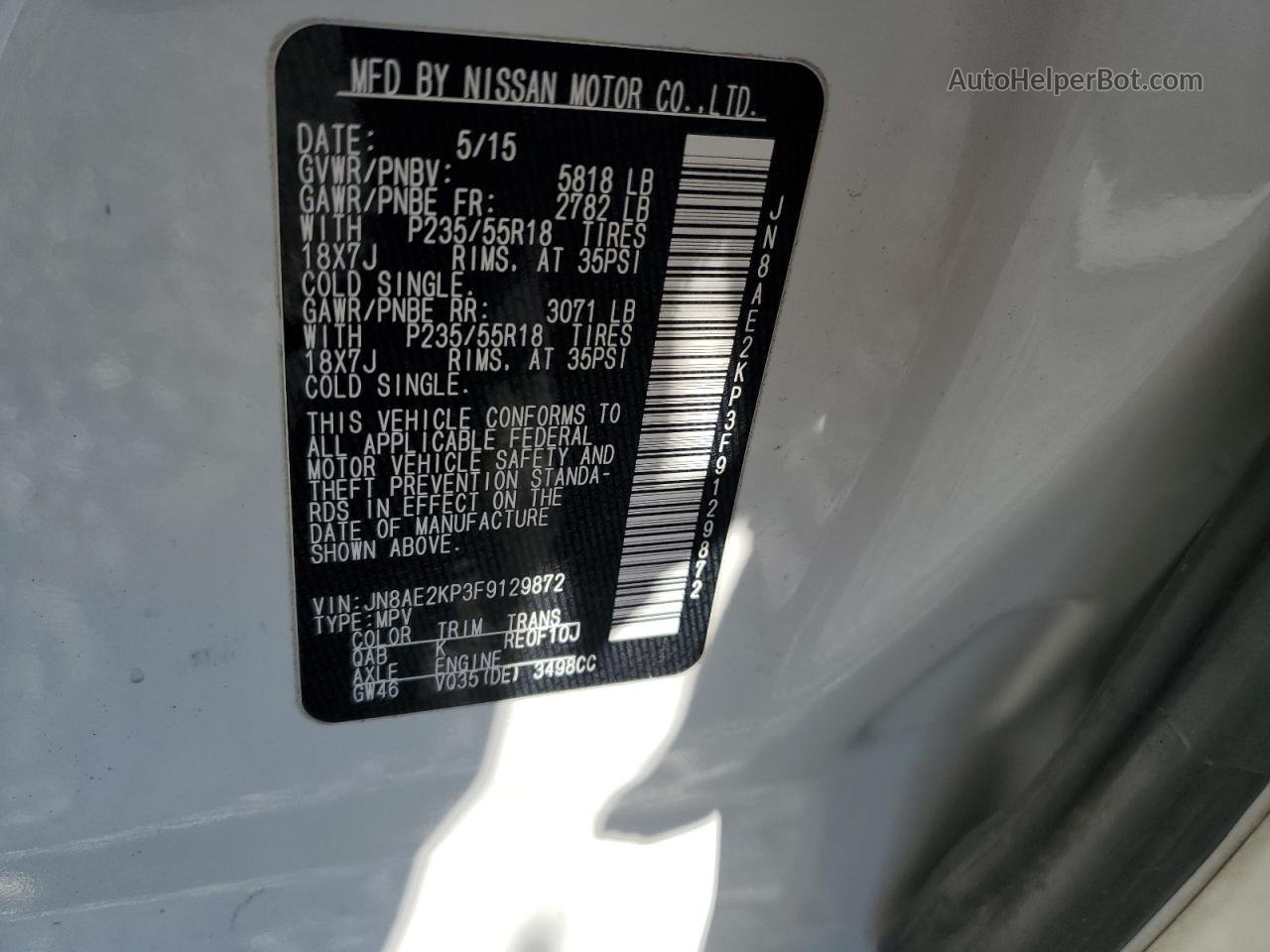 2015 Nissan Quest S White vin: JN8AE2KP3F9129872