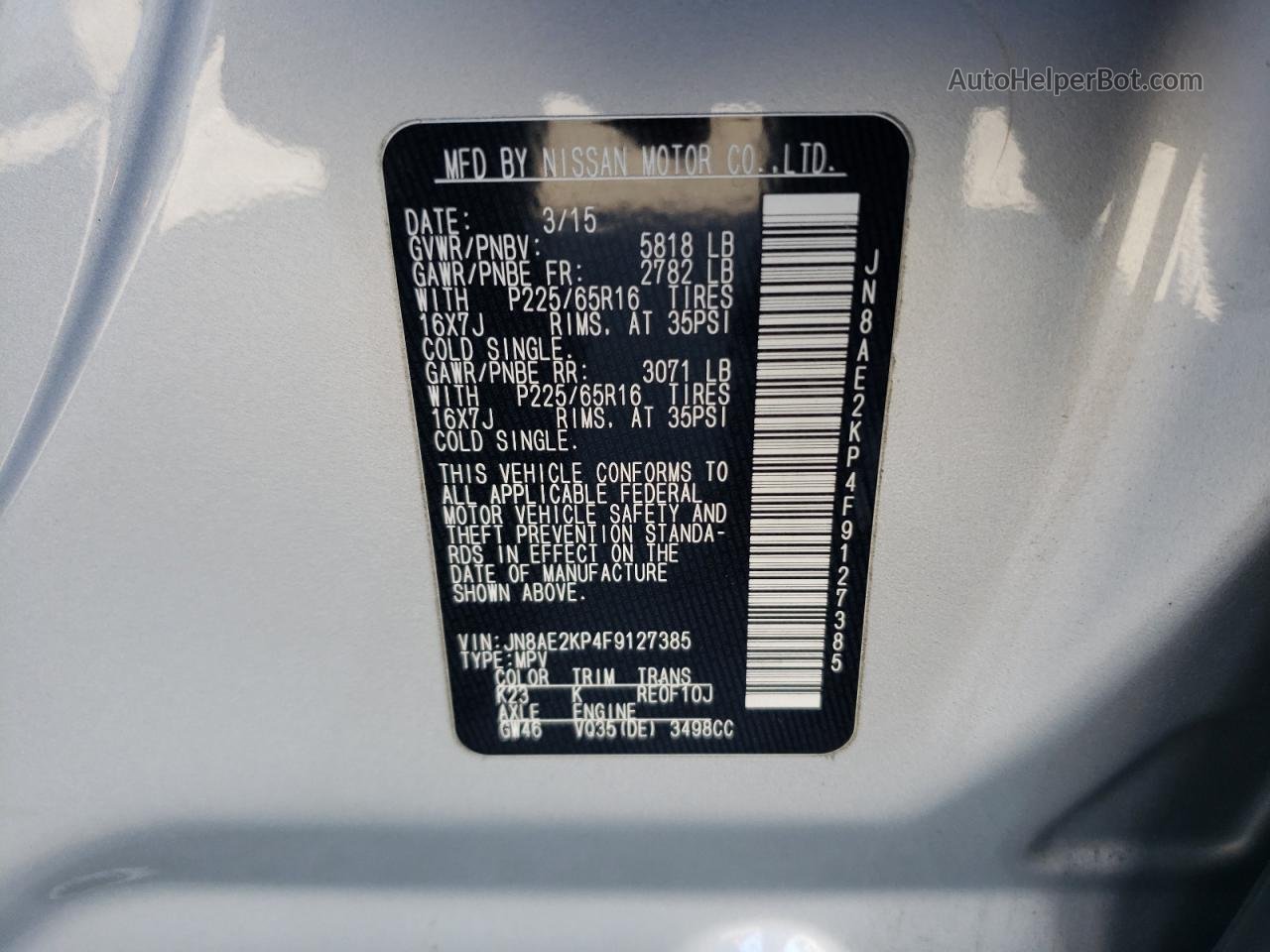2015 Nissan Quest S Silver vin: JN8AE2KP4F9127385