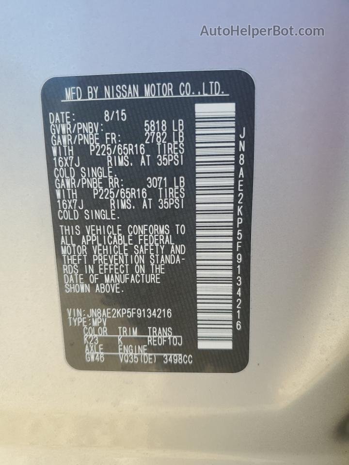2015 Nissan Quest S Silver vin: JN8AE2KP5F9134216
