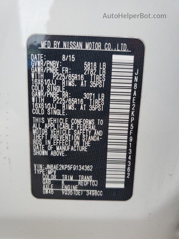 2015 Nissan Quest S White vin: JN8AE2KP5F9134362