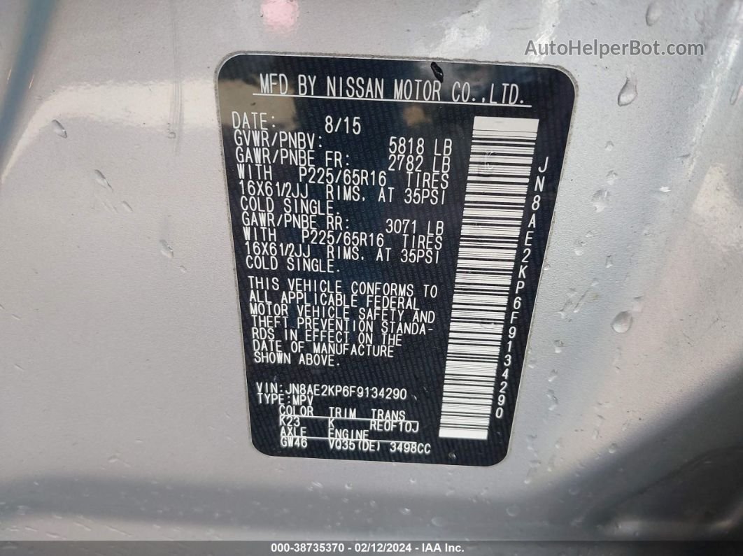 2015 Nissan Quest S Silver vin: JN8AE2KP6F9134290