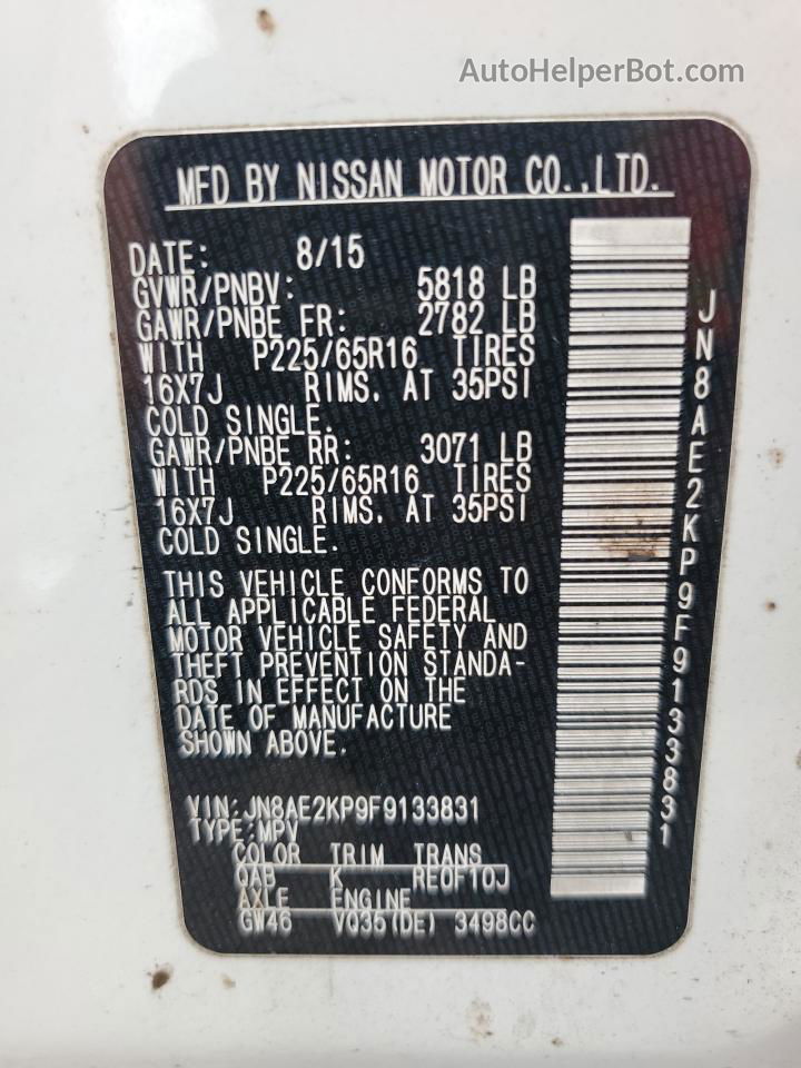 2015 Nissan Quest S White vin: JN8AE2KP9F9133831