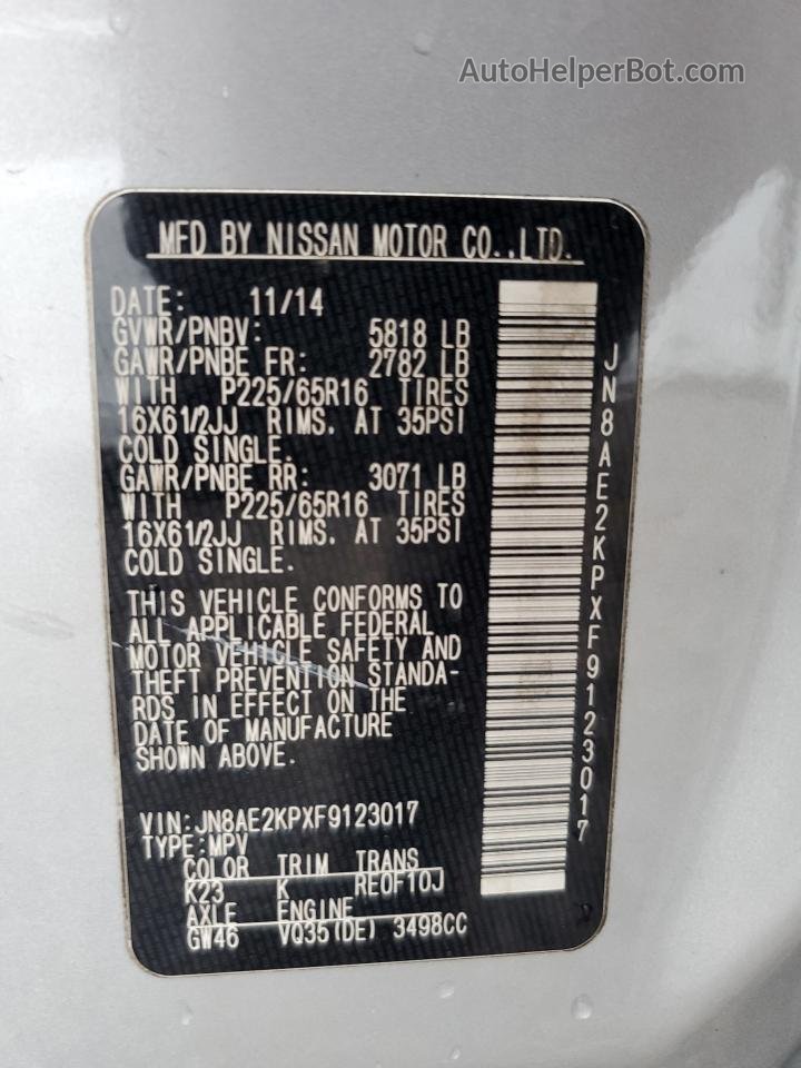 2015 Nissan Quest S Silver vin: JN8AE2KPXF9123017