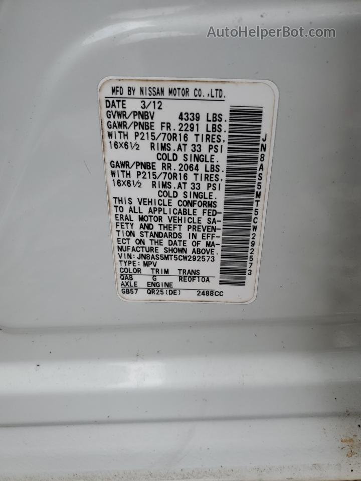 2012 Nissan Rogue S White vin: JN8AS5MT5CW292573
