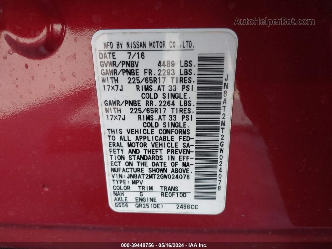 2016 Nissan Rogue Sv Red vin: JN8AT2MT2GW024078