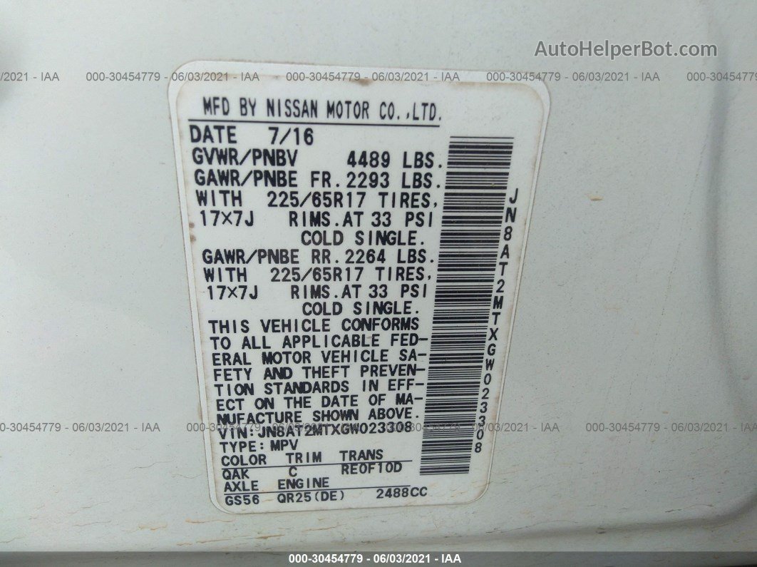 2016 Nissan Rogue S White vin: JN8AT2MTXGW023308