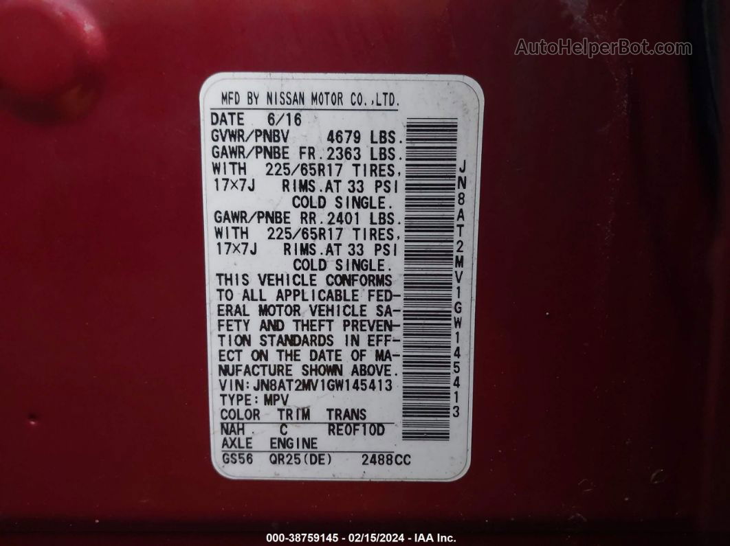 2016 Nissan Rogue S Red vin: JN8AT2MV1GW145413