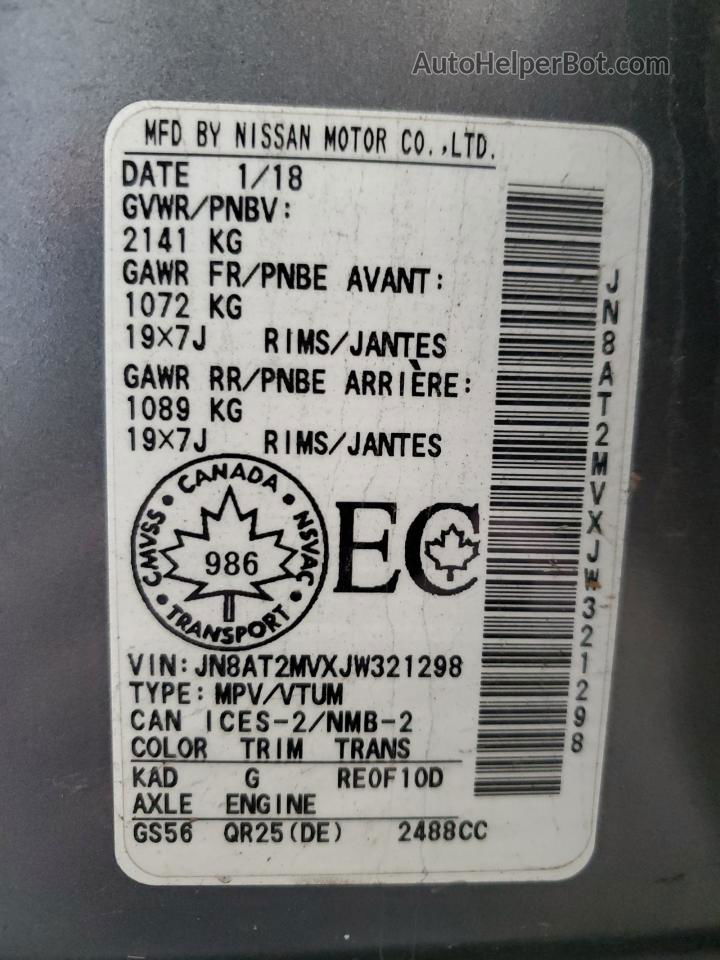 2018 Nissan Rogue S Gray vin: JN8AT2MVXJW321298