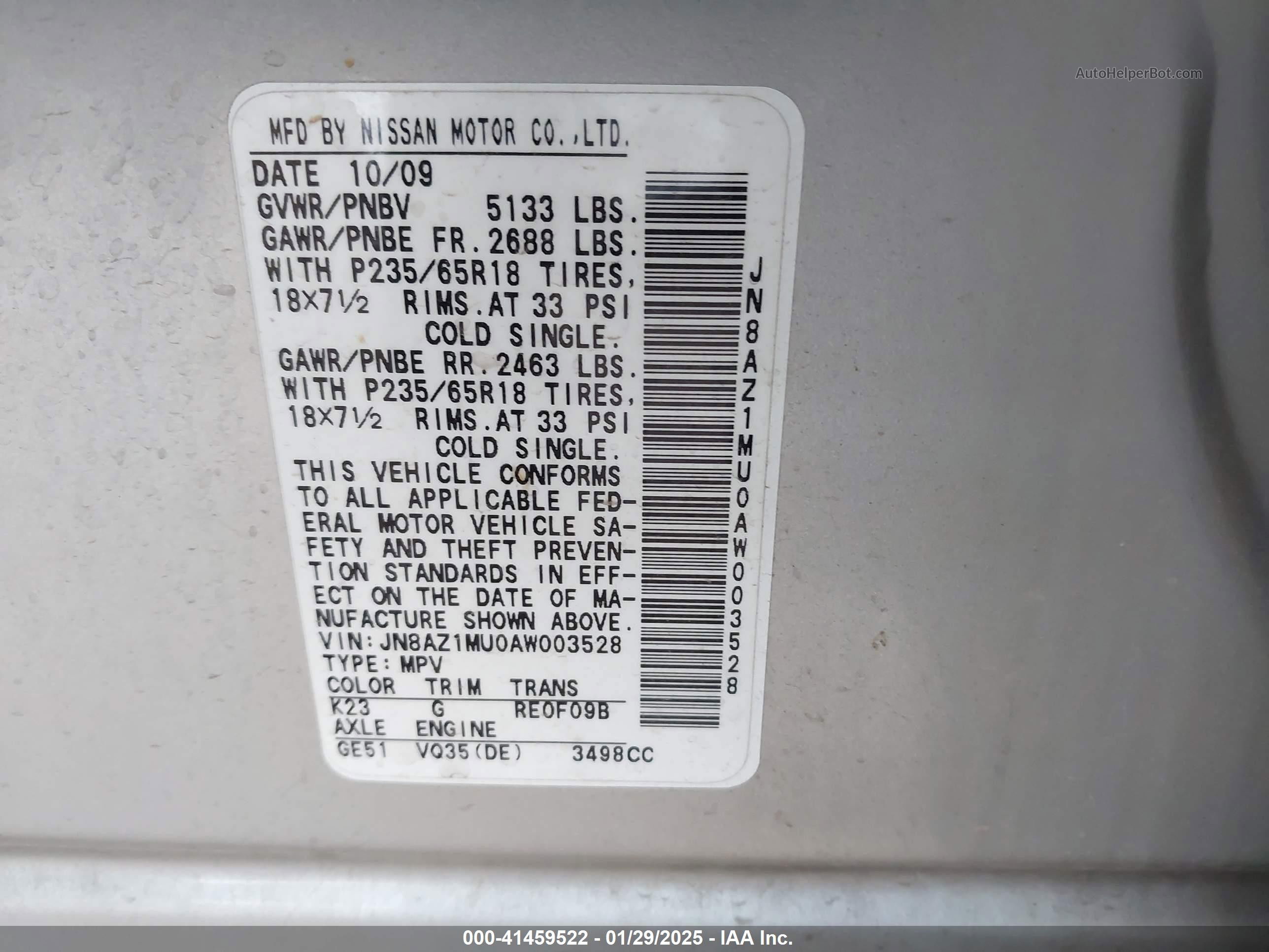 2010 Nissan Murano S Silver vin: JN8AZ1MU0AW003528